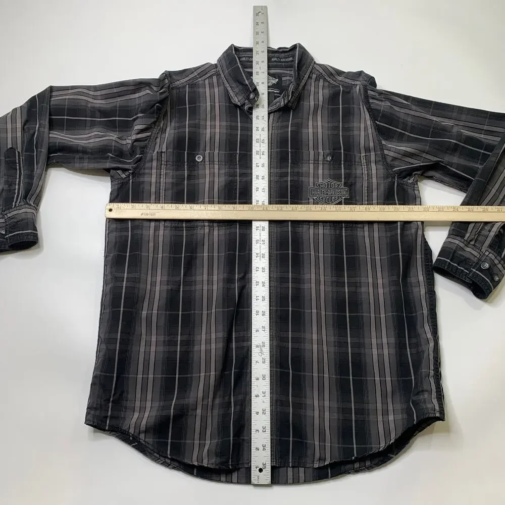Harley Davidson Shirt Men M Medium Gray Black Cotton Plaid Button Up Long Sleeve